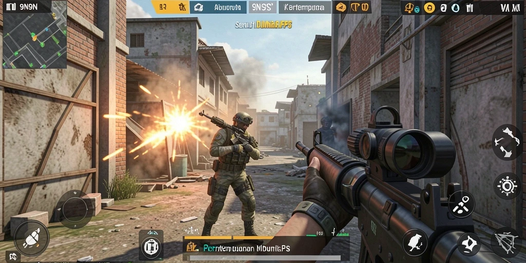 Screenshot tampilan gameplay 9N9N dalam aksi FPS.