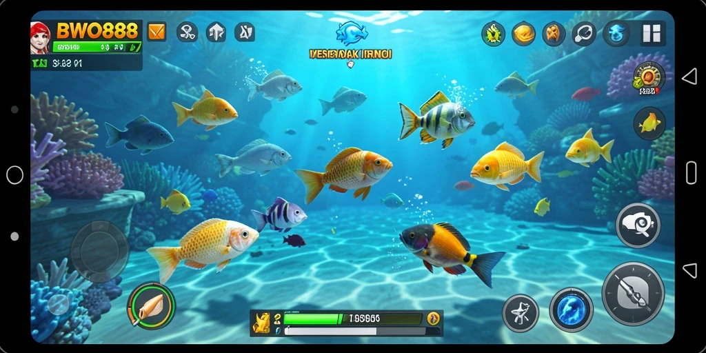 Screenshot gameplay BWO888 menampilkan aksi tembak ikan yang mendebarkan.