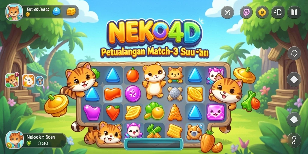 Tampilan gameplay <strong>NEKO4D</strong> dengan kucing lucu dalam aksi Match-3.