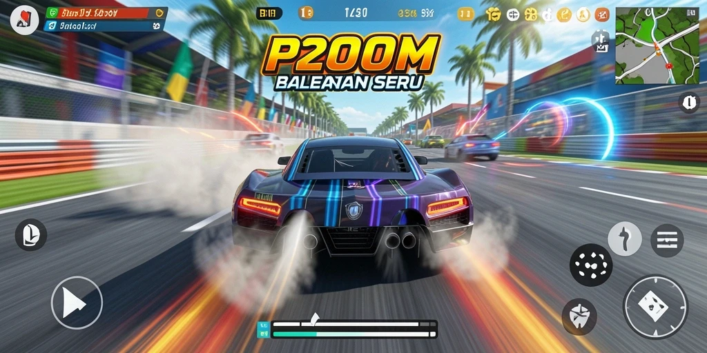 Tampilan seru dari gameplay balapan P200M dengan mobil cepat.