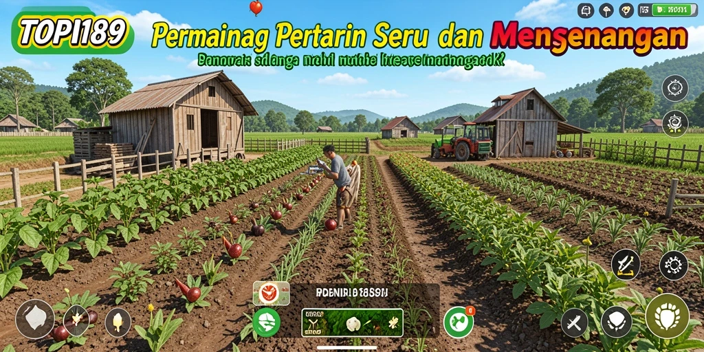 Screenshot gameplay Farming yang menampilkan ladang subur dan aktivitas bertani.