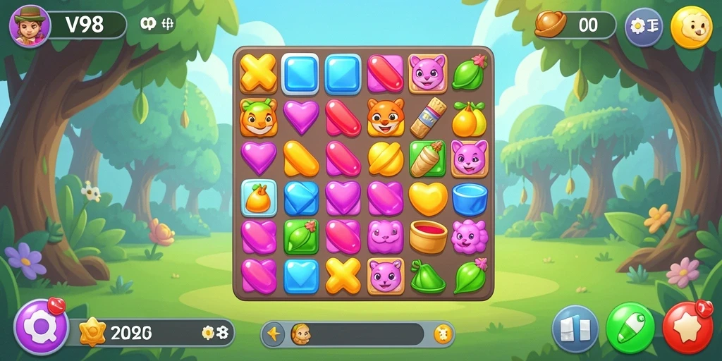 Tampilan gameplay seru V98 saat menyelesaikan level Match-3.